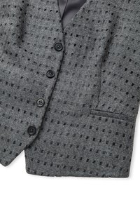 Grau blazer aus strukturiertem Stoff mit quadratischen Ausschnitten, sechs schwarzen Knöpfen, Reverskragen und einer seitlichen Tasche.