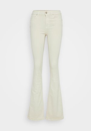 Flared jeans i lys beige bomullsdenim, med høy midje, fem-lommers design og klassisk metallknapp lukking med glidelås.