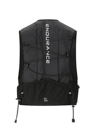 Sort udholdenhedsvest med elastiske snører og justerbare stropper, med en 10L netlomme bagpå.