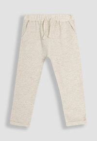 Light gray jogger pants made of soft, stretchy fabric. Features an elastic waistband with drawstrings and side pockets. Simple, unobtrusive design.