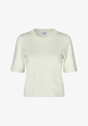 Megzta trumpa rankovėmis megztinis off-white spalvos, su apvalia kaklo iškirpte ir glotnia, švelnia tekstūra. Paprastas ir klasikinis dizainas.