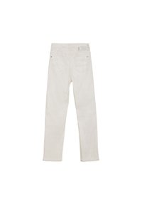 Vita denimbyxor med rak benstil, fem fickor och en slät yta. Har hårdvara i silverfärg och en etikett på baksidan av midjebandet.