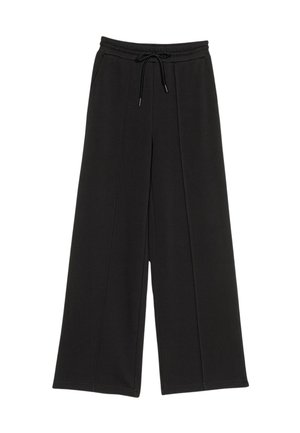 Pantaloni neri a gamba larga realizzati in tessuto morbido ed elastico; dotati di vita elasticizzata con coulisse, tasche laterali e dettagli di cucitura.