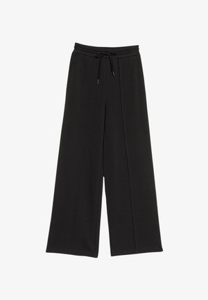 Pantaloni neri a gamba larga realizzati in tessuto morbido ed elastico; dotati di vita elasticizzata con coulisse, tasche laterali e dettagli di cucitura.