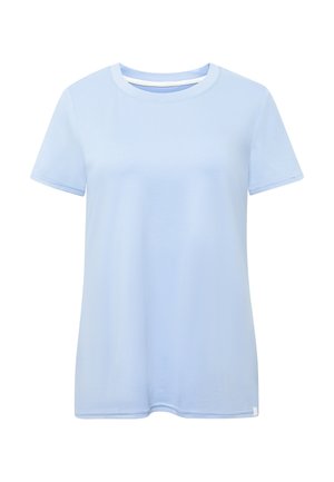 Light blue short-sleeve crew neck T-shirt with subtle stitching and a small white tag at the bottom hem.