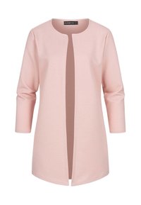Lichtroze jas met een ronde halslijn, open voorkant en driekwartmouwen. Gemaakt van textiel met verticale strepen.