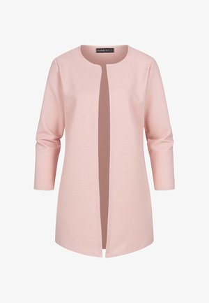 Veste rose clair avec un décolleté rond, un devant ouvert et des manches trois-quarts. Fabriquée en tissu texturé avec des rayures verticales.