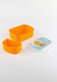 Three plastic food containers: two orange rectangular boxes of varying sizes and one translucent lid featuring a cartoon bird and umbrella design.