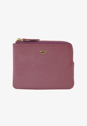 Rosa strukturiertes Lederportemonnaie mit einem goldenen Reißverschluss und kleinem Logoakzent. Rechteckige Form mit glatter Oberfläche und kompaktem Design.