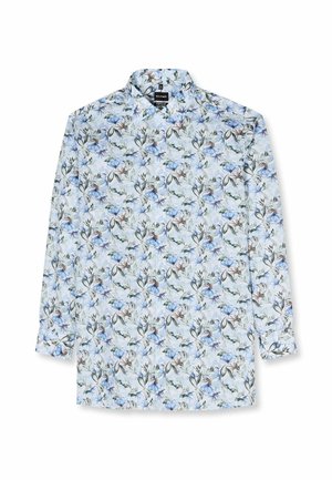 Camicia da uomo a maniche lunghe con bottoni e motivo floreale azzurro chiaro e bianco su sfondo bianco.
