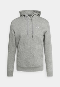 Felpa grigia con tasca frontale, cappuccio con cordini e un piccolo logo bianco "ck" sul petto. Realizzata in un tessuto morbido e strutturato.
