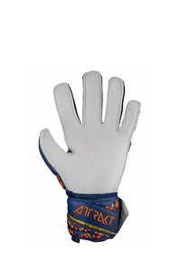 Guanto da portiere con palmo in lattice grigio, cinturino in tessuto blu e accenti geometrici arancioni. Presenta cinque dita e una vestibilità aderente.