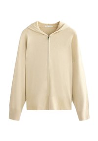 Beige strikket hættetrøje med lynlås, lange ærmer, ribbede manchetter og ribbænk.