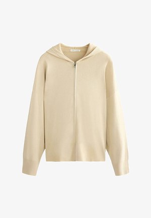 Bézs színű, zipzáras kötött kapucnis pulóver hosszú ujjakkal, bordázott mandzsettával és bordázott szegéllyel.