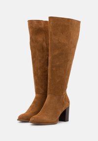 Stivali in suede marrone al ginocchio con punta leggermente appuntita, tacco spesso e texture liscia. Dettagli di cuciture verticali sul lato esterno.