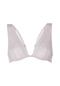 Bralette in pizzo di un leggero lavanda con scollatura profonda e ampia, spalline regolabili e bordi scallopati. Presenta dettagli in metallo argentato.