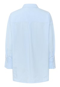 Light blue long-sleeve shirt features a classic collar, buttoned cuffs, and a smooth texture, with a back pleat for ease of movement.