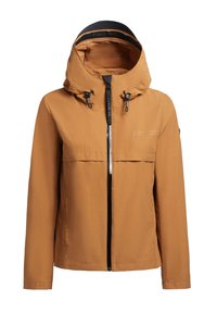 Brown lightweight jacket with a hood, front zip closure, large chest pocket, and adjustable drawstrings. Smooth fabric with a matte finish.