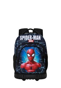 Mochila con diseño de Spider-Man en una combinación de colores azul y negro, texto "SPIDER-MAN" y patrón de telaraña. Material duradero, base resistente.