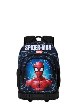 Mochila con diseño de Spider-Man en una combinación de colores azul y negro, texto "SPIDER-MAN" y patrón de telaraña. Material duradero, base resistente.