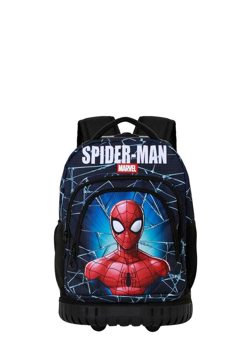 Mochila con diseño de Spider-Man en una combinación de colores azul y negro, texto "SPIDER-MAN" y patrón de telaraña. Material duradero, base resistente.