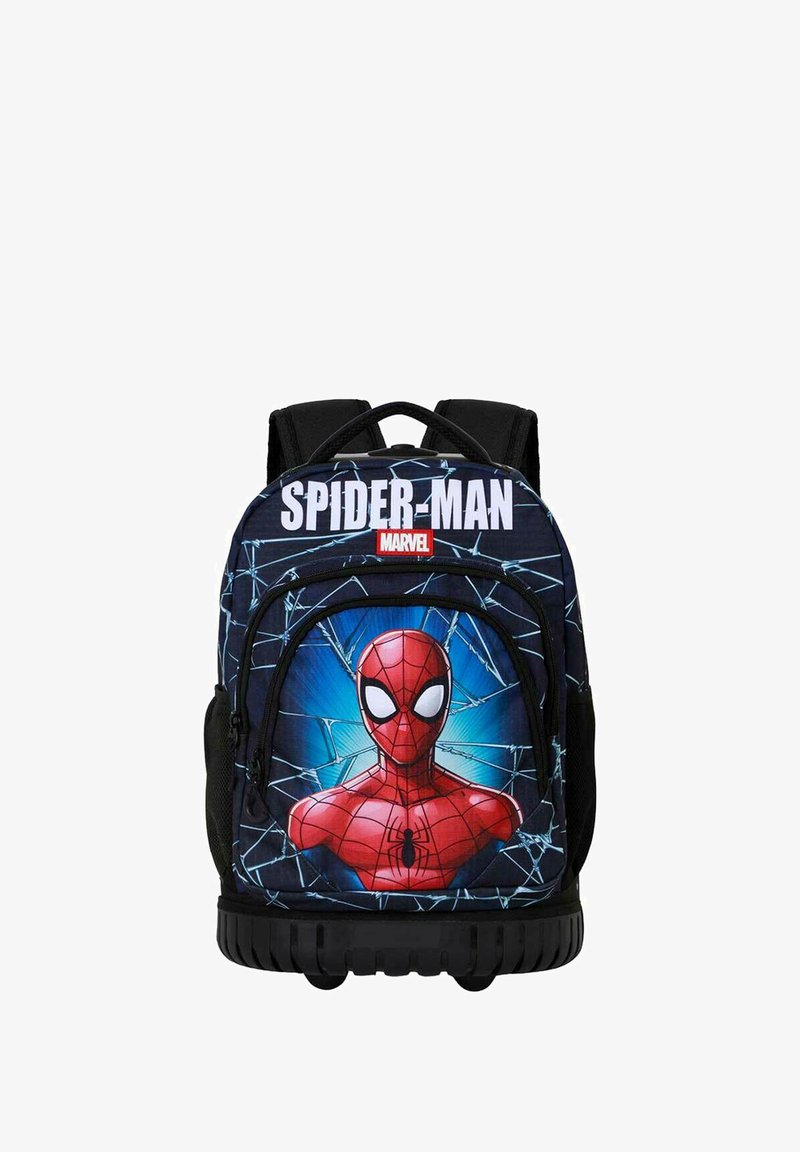 Rygsæk med Spider-Man design i blå og sort farveskema, tekst "SPIDER-MAN" og spindelvævsmønster. Holdbart materiale, stabil bund.
