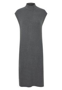 Robe en tricot côtelé gris avec un col haut, sans manches, et une coupe ample, présentant une coupe droite qui tombe à mi-thigh.