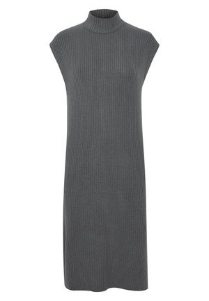 Rochie gri tricotată, cu guler înalt, fără mâneci și croială lejeră, având o tăietură dreaptă care ajunge până la jumătatea coapsei.