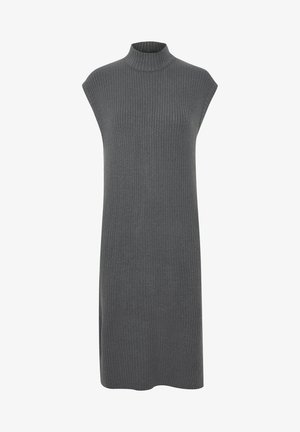 Grey ribbed knit dress with a high neck, sleeveless design, and loose fit, featuring a straight cut that falls to mid-thigh.