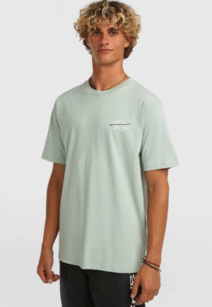 Svetlozelené bavlnené tričko s krátkymi rukávmi, okrúhlym výstrihom a malou bielou grafikou na hrudi. Voľný strih s hladkou textúrou.