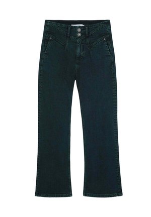 Jean en denim vert foncé à taille haute, avec des jambes évasées, des passants de ceinture et deux poches avant, doté de deux boutons en métal à l'entrejambe.