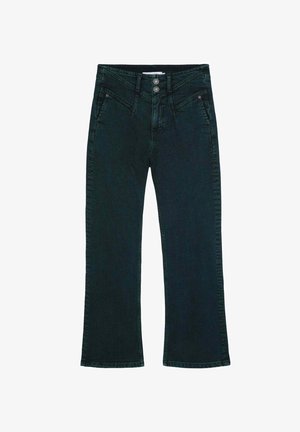 Jean en denim vert foncé à taille haute, avec des jambes évasées, des passants de ceinture et deux poches avant, doté de deux boutons en métal à l'entrejambe.
