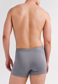Gray boxer shorts made from soft fabric, featuring a seamless waistband with subtle branding, and a snug fit. Back view displayed.