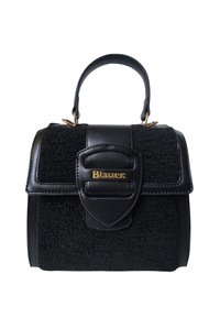 Sac à main noir texturé avec rabat en cuir et poignée, logo "Blauer" doré sur le fermoir avant.