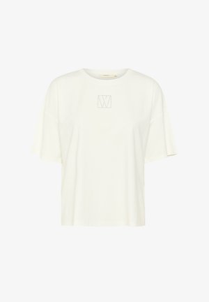 Bela majica s kratkimi rokavi iz bombaža, z diskretnim kvadratnim logotipom na sprednji strani. Ravna kroja z udobnim fitom.