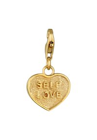Goldener Herzanhänger mit strukturiertem Oberflächen, deutlich graviert mit "SELBSTLIEBE", ausgestattet mit einem Drehverschluss zur Befestigung.