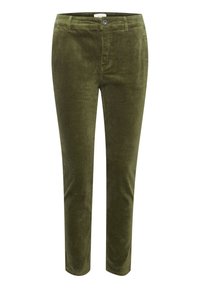 Pantaloni in corduroy verde oliva con una vestibilità slim, dotati di chiusura con bottone, tasche frontali e un motivo di tessuto testurizzato.
