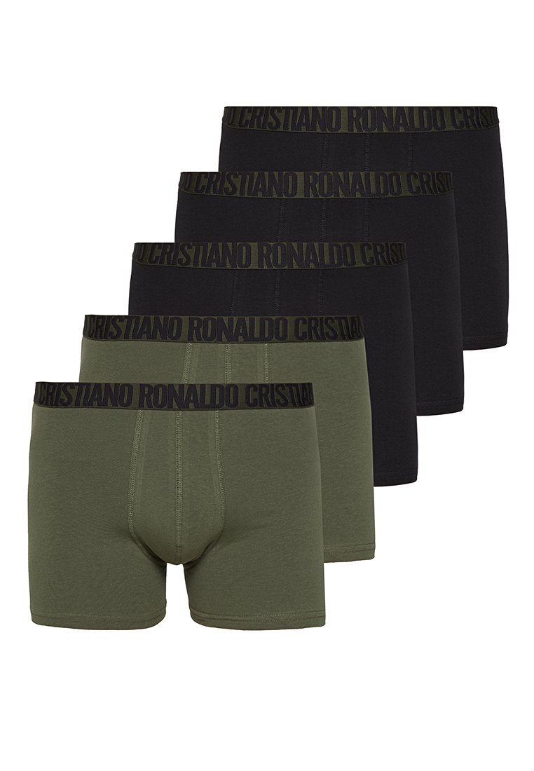 Vijf mannenboxershorts in groen en zwart, elk met een zwarte tailleband met de tekst "CRISTIANO RONALDO".