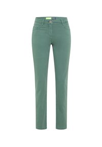 Pantalones ajustados de color verde claro, fabricados en una mezcla de algodón, con cierre de un solo botón, pockets frontales y una textura suave.