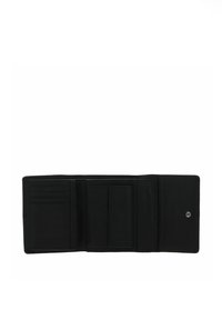 Portefeuille en cuir noir à finition texturée, avec plusieurs emplacements pour cartes, un compartiment central et une fermeture à bouton-pression.