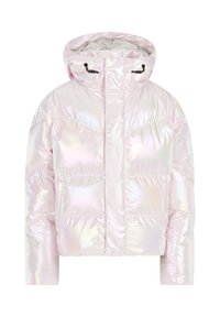 Iridescent pink pufferjakke med hætte, der har quiltede sektioner, elastiske manchetter og en justerbar snøre i kraven.