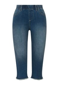 Jeans recortados de denim azul oscuro con una cinturilla elástica, cinco bolsillos y dobladillos deshilachados en los tobillos. Textura suave, diseño clásico.