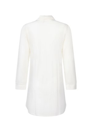 Long-sleeve, white blouse featuring a classic collar, smooth texture, and tails that extend slightly below the hips.