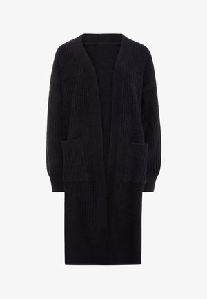 Cardigan lung negru tricotat, cu deschidere pe față, două buzunare frontale și manșete și tiv cu model devenit.