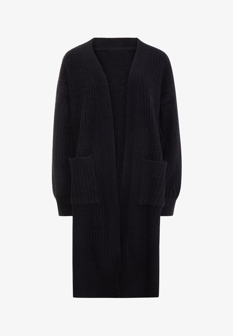 Hosszú fekete kötött kardigán nyitott elülső résszel, két elülső zsebbel és bordás mandzsettákkal és aljjal.