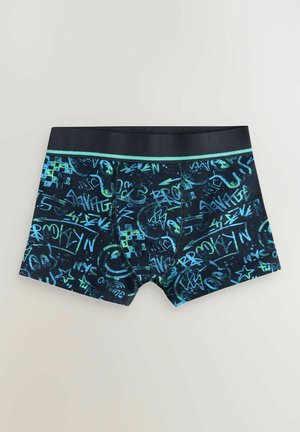 Blaue und schwarze Boxershorts mit einem Graffiti-Stil-Muster in Grün und Hellblau. Mit einem einfarbigen schwarzen Bund mit einem türkisfarbenen Akzent.