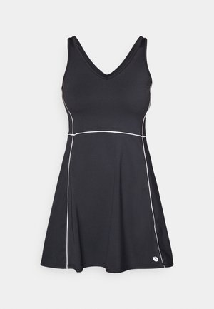 Svart sportklänning med V-ringning, vit accentstickning, figursydd överdel, utsvängd kjol och logodetalj på kanten.