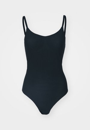 Black one-piece swimsuit made of soft, smooth fabric. Features adjustable shoulder straps and a subtle scoop neckline.