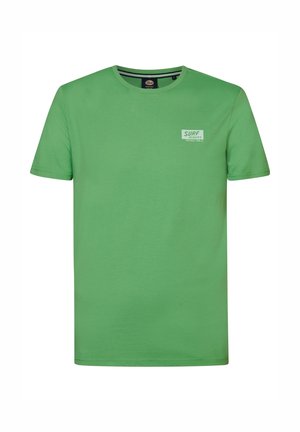 Groene katoenen t-shirt met een ronde hals, korte mouwen en een klein wit logo op de borst. Gladde textuur en standaard pasvorm.