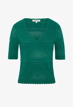 Grünes Strickoberteil mit kurzen Ärmeln und V-Ausschnitt, mit aufwendigen Lochmuster und gezackten Kanten.